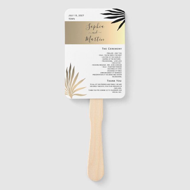 Gold Black and White Wedding Programm Handfan Fächer (Vorderseite)