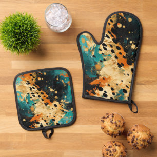 Gold Black Aqua Orange Leopard Abstrakt Ofenhandschuh & Topflappen-Set