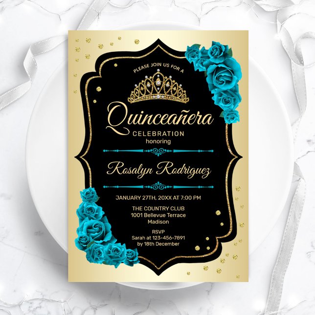 Gold Black Aquamarin Elegante Quinceanera Einladung (Von Creator hochgeladen)