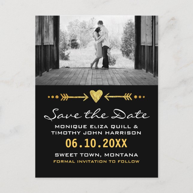 Gold Black Arrows Wedding Heart Card Save the Date Ankündigungspostkarte (Vorderseite)