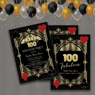 Gold Black Art Deco Casino Poker 100. Geburtstag Einladung