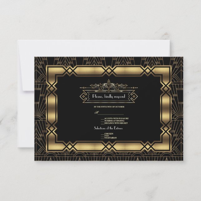 Gold Black Art Deco Gatsby 20s Style Wedding RSVP Karte (Vorderseite)