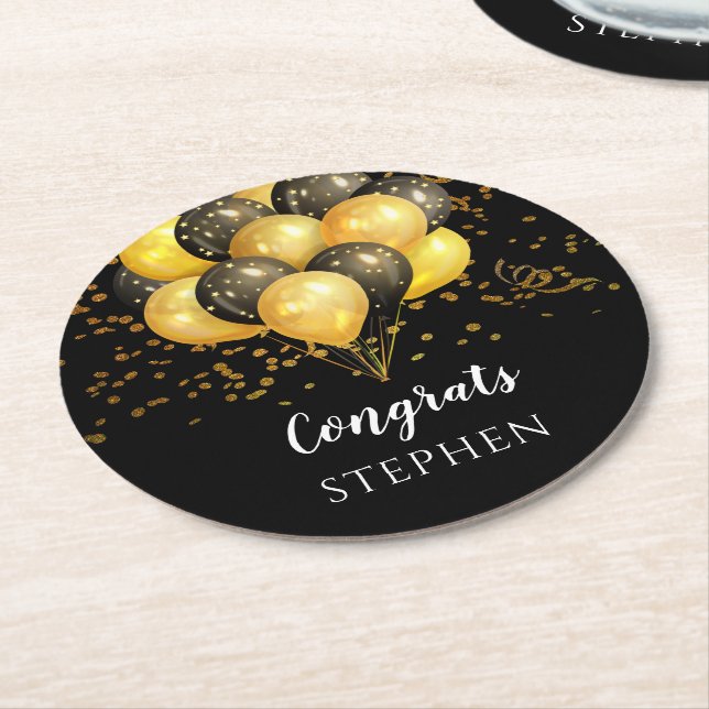 Gold Black Balloon Rentirement Partry Sugar Cookie Runder Pappuntersetzer (Angewinkelt)
