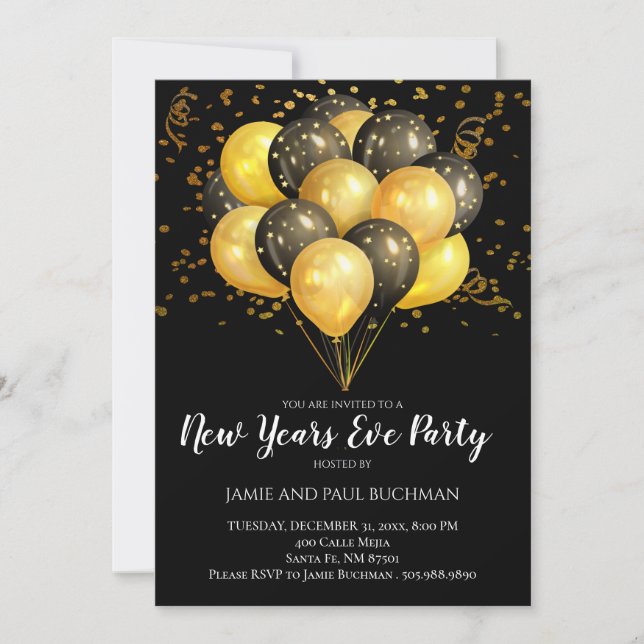 Gold & Black Balloons Confetti Silvester Party Einladung (Vorderseite)