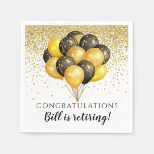 Gold Black Balloons Gold Glitzer Retirement Party Serviette