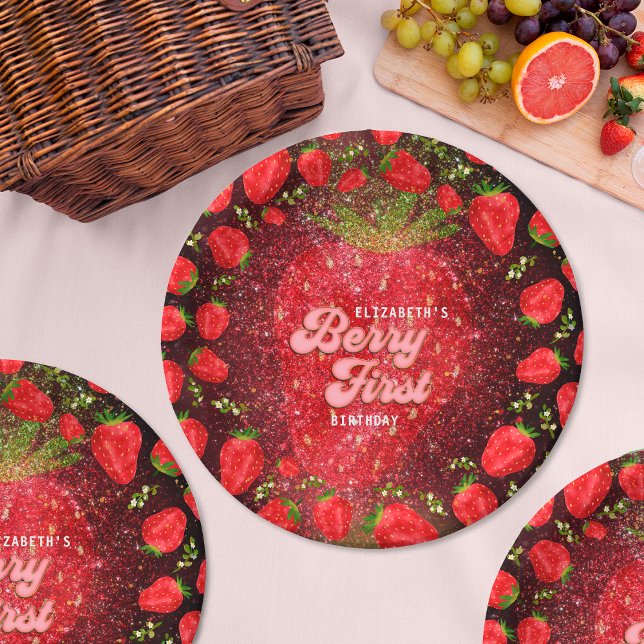 Gold Black Berry 1st Birthday Strawberry Glitzer Pappteller (Von Creator hochgeladen)