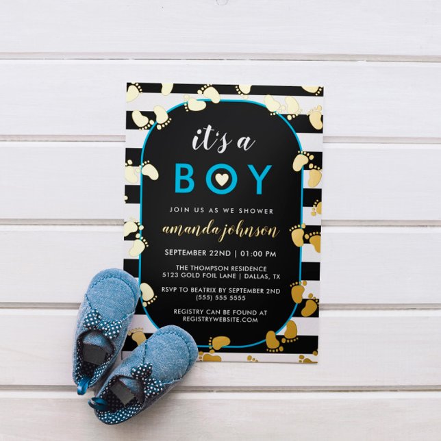 Gold Black Blue Es ist ein Baby Footprint Folieneinladung (Von Creator hochgeladen)