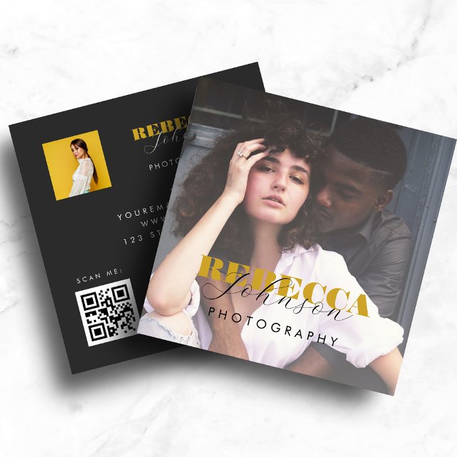 Gold Black Bold Script 2 Foto Minimaler QR Code Quadratische Visitenkarte (Von Creator hochgeladen)