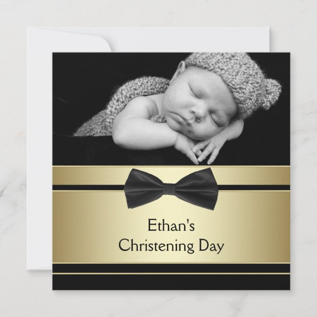 Gold Black Bow Krawatte Baby Boy Foto Christening Einladung (Vorderseite)