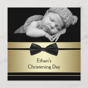 Gold Black Bow Krawatte Baby Boy Foto Christening Einladung