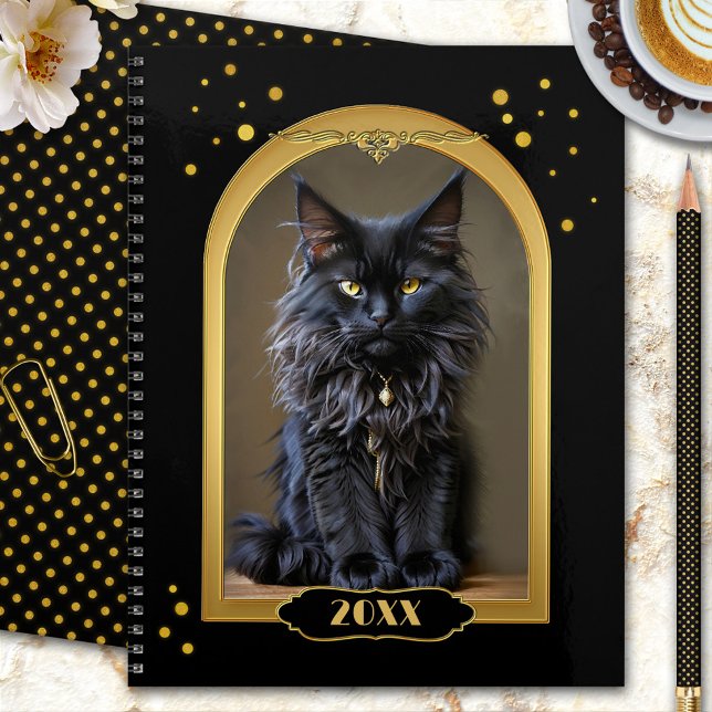 Gold Black Cat Art Deco Planer (A boho chic design gold and black year planner with a majestic black cat)