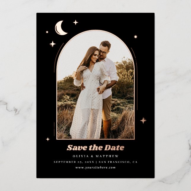 Gold Black Celestial Save the Date | Moon Foto Folieneinladung (Vorderseite)