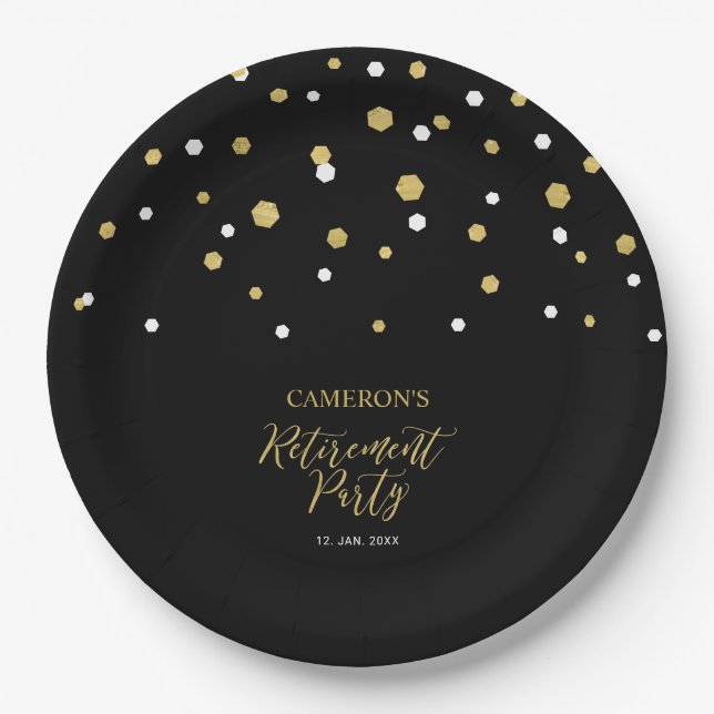 Gold & Black Chic Confetti-Rente-Party Pappteller (Vorderseite)