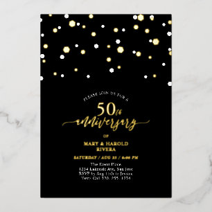 Gold & Black Confetti 50. Hochzeitstag Folieneinladung