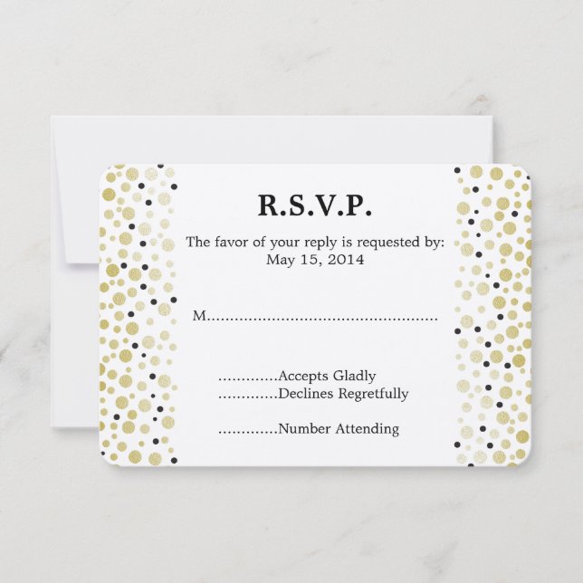 Gold Black Confetti Dots Wedding RSVP (Vorderseite)