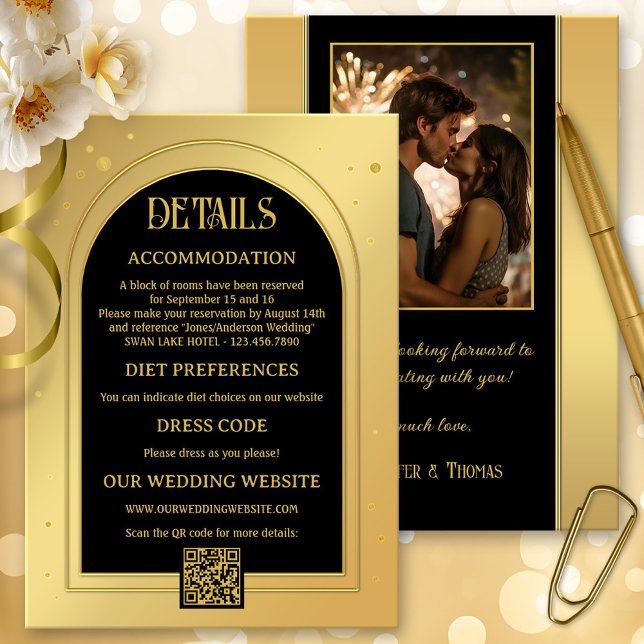 Gold Black Confetti Glitzer Wedding Begleitkarte (wedding enclosure card in gold and black with sparkling confetti glitters - with QR code and photo)