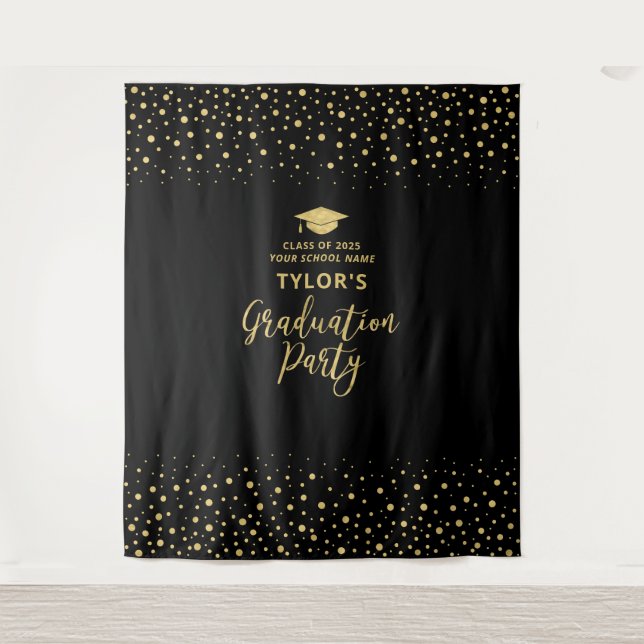 Gold & Black Confetti | Hintergrund der Absolvente Wandteppich (Vorderseite)