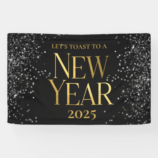 Gold Black Confetti Silvester Party Banner (Horizontal)