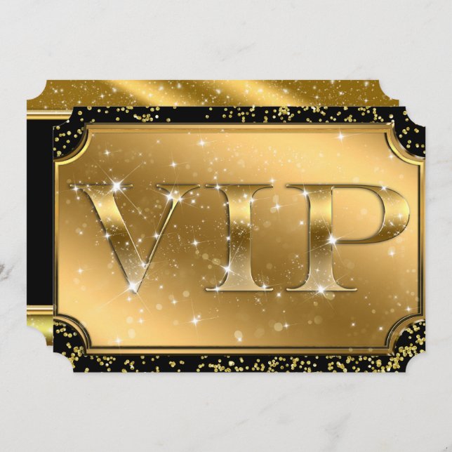 Gold Black Confetti Sparkle Glam VIP Party Ticket Einladung (Vorne/Hinten)