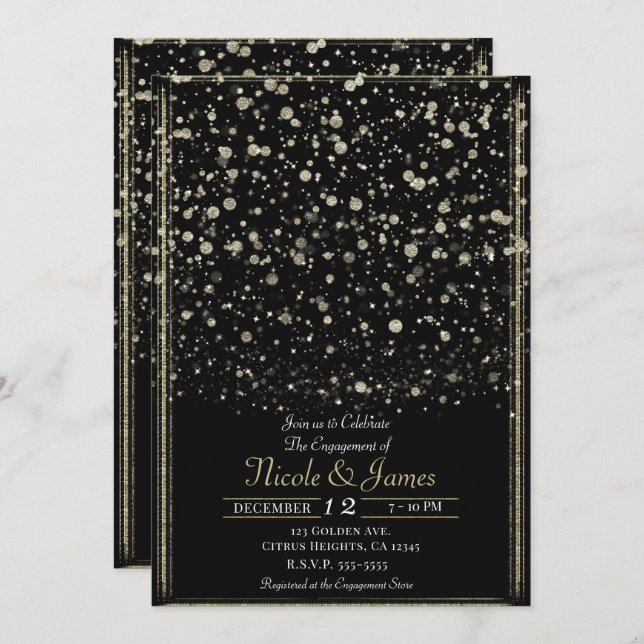 Gold & Black Confetti Spritzer Engagement Party Einladung (Vorne/Hinten)