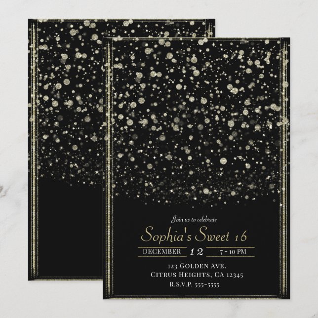 Gold & Black Confetti Spritzer Sweet 16 Party Einladung (Vorne/Hinten)