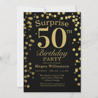 Gold Black Confetti Überraschung 50. Geburtstag Einladung