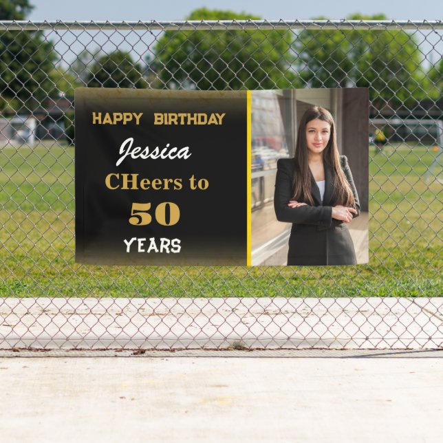 Gold Black Custom Happy Birthday Foto Party Banner (Insitu)