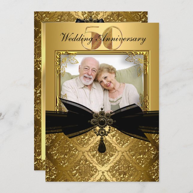 Gold Black Damask Foto 50 Jahre Einladung (Vorne/Hinten)