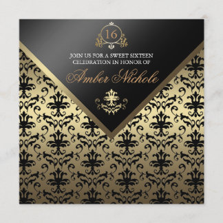 Gold & Black Damask Sweet 16 Einladung