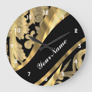 Gold & black damask swirl große wanduhr