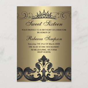 Gold & Black Damask & Tiara Einladung zum Geburtst