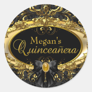 Gold & Black Damast Quinceanera Aufkleber