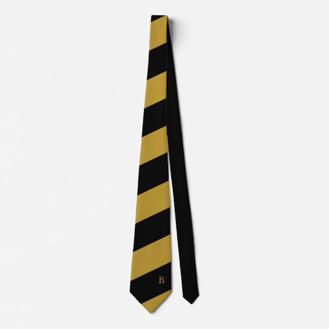 Gold Black Diagonal Stripes Monogram Neck Tie Krawatte (Vorderseite)