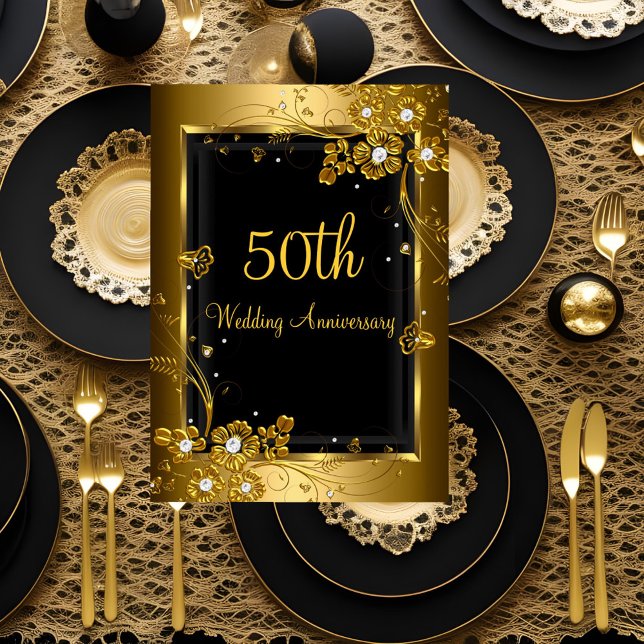 Gold Black Diamond Floral 50 Jahre Party Einladung (Von Creator hochgeladen)