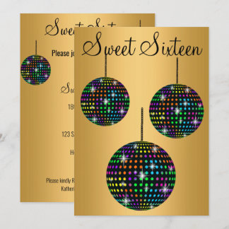 GOLD BLACK DISCOBALL 16 . GEBURTSTAG PARTY EINLADUNG
