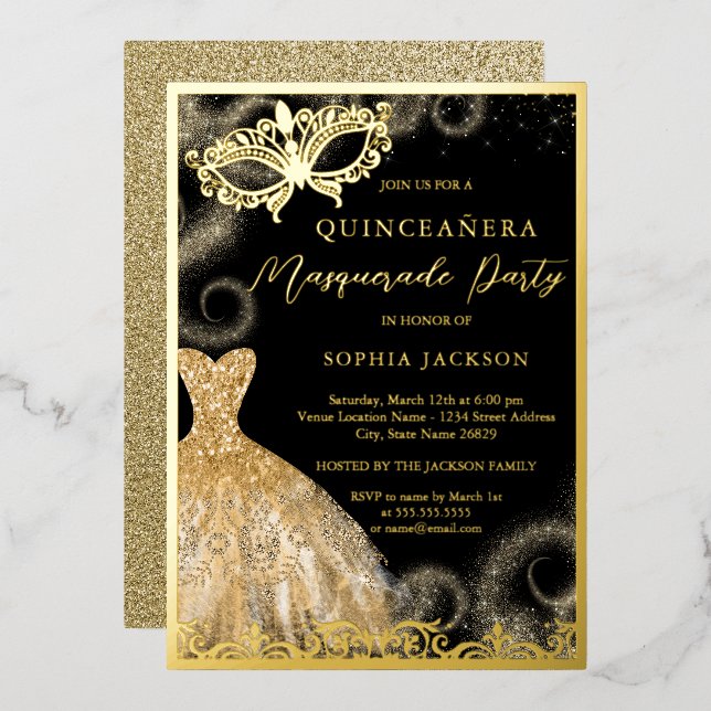 Gold Black Dress Masquerade Party Quinceanera Folieneinladung (Vorderseite/Rückseite)