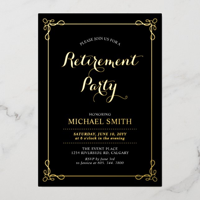 Gold & Black | Elegant Classy Retirement Party Folieneinladung (Vorderseite)