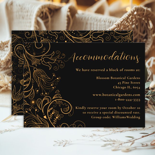 Gold Black Elegant Floral Hochzeitsunterkünfte Begleitkarte (Von Creator hochgeladen)