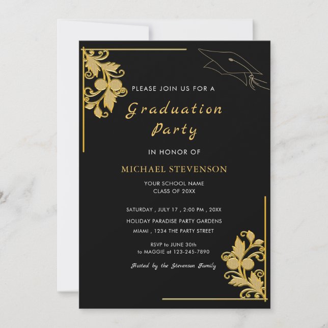 Gold Black Elegant Grad Party Einladung Card (Vorderseite)