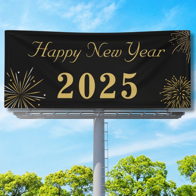 Gold Black Elegant Happy New Year 2025 Party Banner (Von Creator hochgeladen)