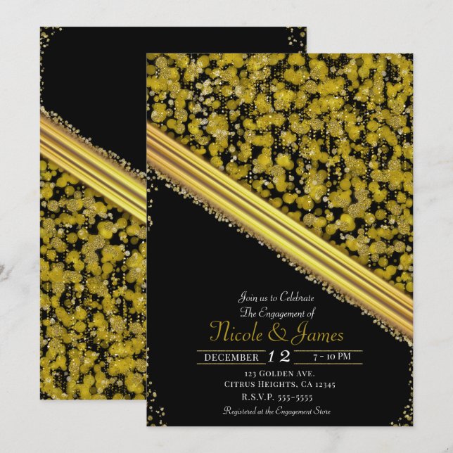 Gold & Black Elegante Glam Engagement Party Einladung (Vorne/Hinten)