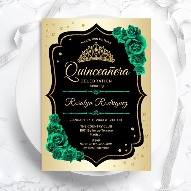 Gold Black Emerald Green Elegante Quinceanera Einladung (Von Creator hochgeladen)