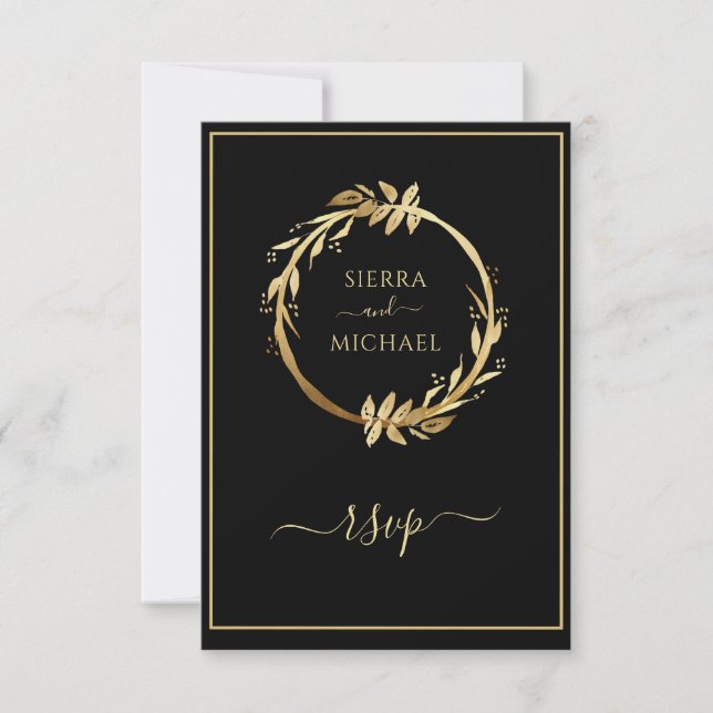 Gold Black Eucalyptus Foliage Wreath Wedding RSVP Karte (Vorderseite)