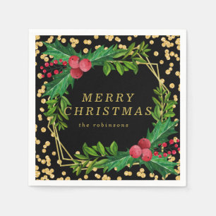 Gold Black Family Weihnachten Party Holly Glitzer Serviette