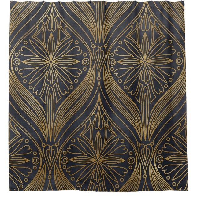 Gold Black Filigree Damask Duschvorhang (Vorderseite)