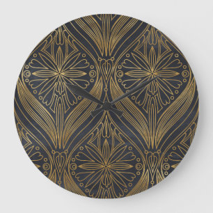 Gold Black Filigree Damask Große Wanduhr