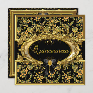 Gold & Black Floral Damask Quinceanera Einladung