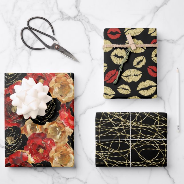 Gold Black Floral Lips Party Brautparty Geschenkpapier Set (Vorderseite)