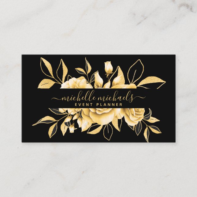 Gold Black Floral Watercolor Eventplaner Visitenkarte (Vorderseite)