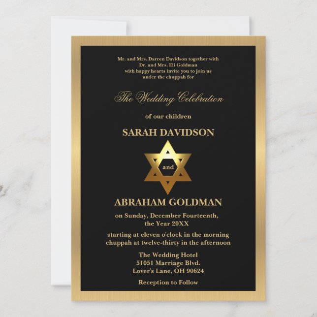 Gold Black Formal Traditional Jewish Wedding Invit Einladung (Vorderseite)
